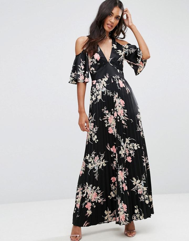 Asos Cold Shoulder Maxi Dress In Satin Floral Print - Multi