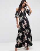 Asos Cold Shoulder Maxi Dress In Satin Floral Print - Multi