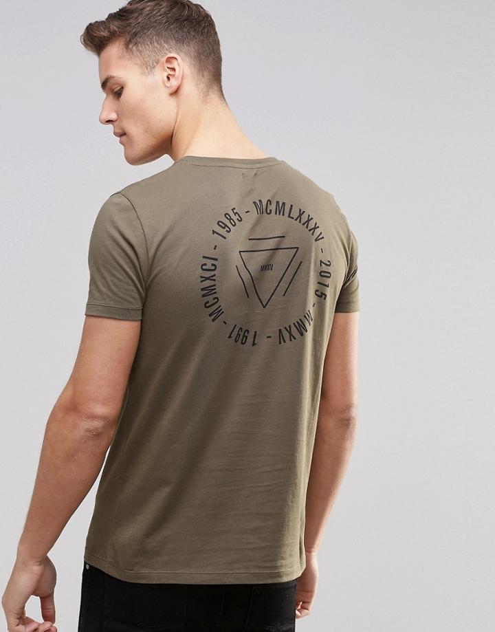 Asos T-shirt With Triangle Circular Text Back And Chest Print - Battlefield Green