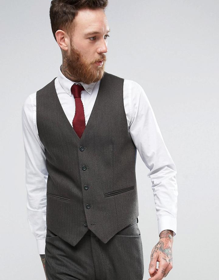 Asos Skinny Suit Vest In Herringbone Green Wool Blend - Green