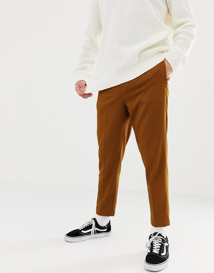 Asos Design Heavyweight Tapered Crop Smart Pants With Pleats In Camel-beige