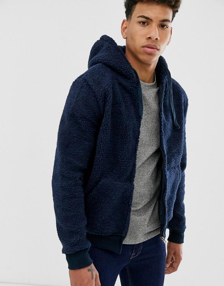 Brave Soul Borg Zip Through Hoodie In Navy