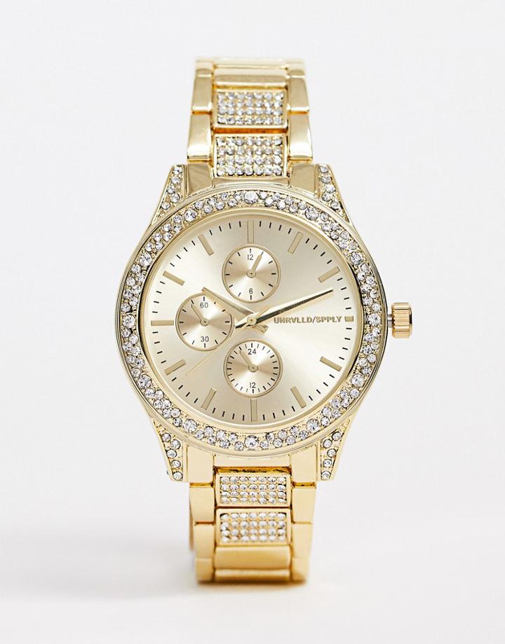 Asos Design Bracelet Watch With Crystal Detail Watch In Gold Tone