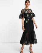 French Connection Embroidered Layered Midi Dress In Black