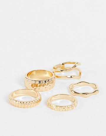 Asos Design Pack Of 5 Rings With Textured Designs In Gold Tone