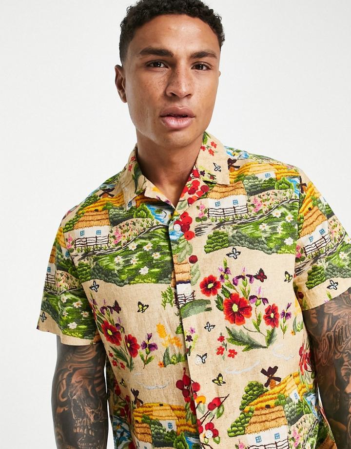 Asos Design Relaxed Revere Shirt In Linen Look With Scenic Print-neutral