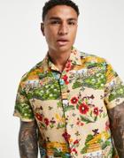 Asos Design Relaxed Revere Shirt In Linen Look With Scenic Print-neutral