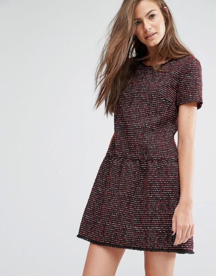 Boss Orange By Hugo Boss Akarli Boucle Tweed Look Short Sleeve Dress - Red