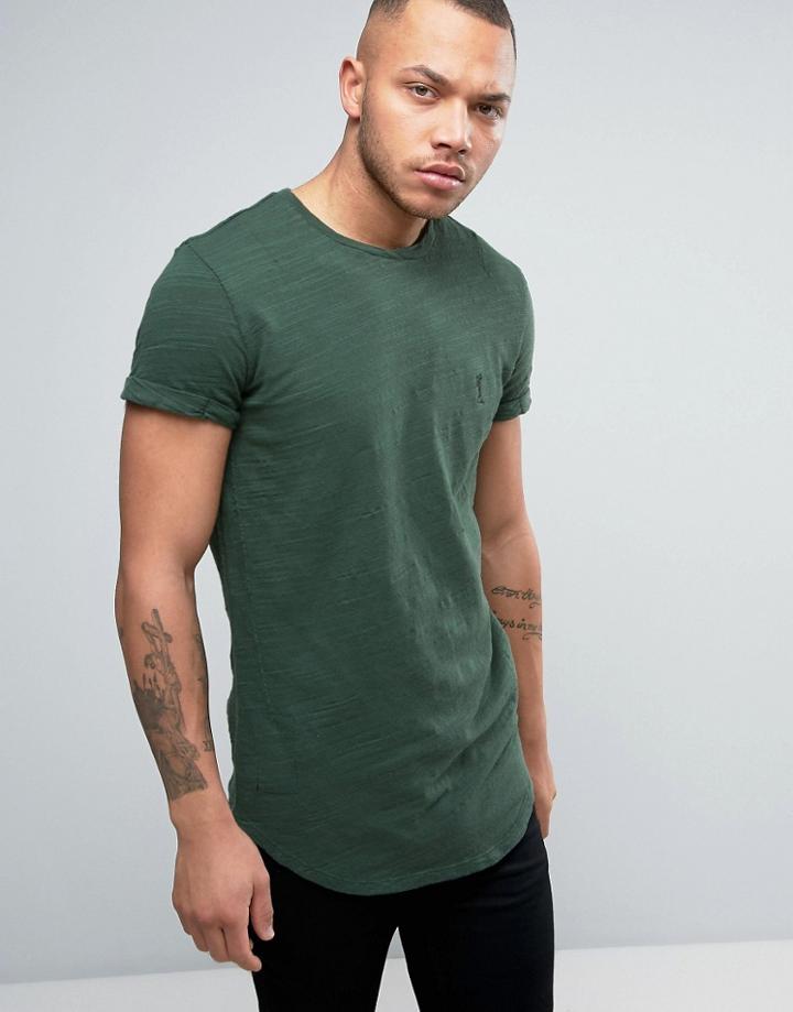 Religion Longline T-shirt In Slub Jersey With Roll Sleeve - Green