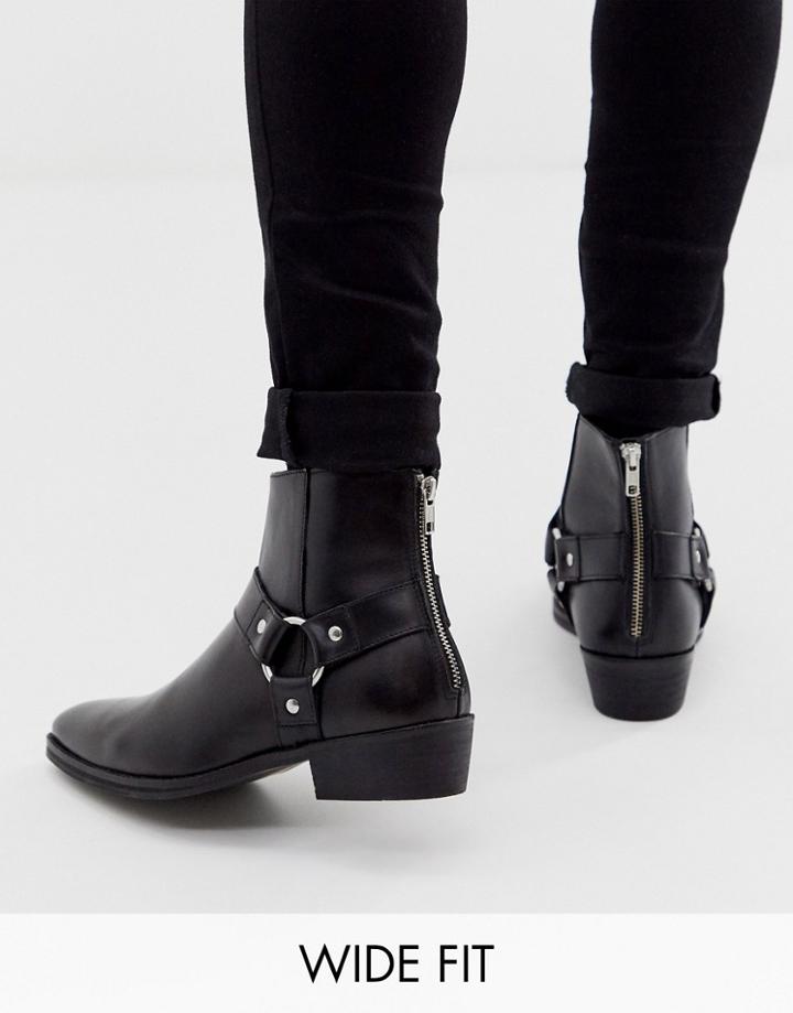 Asos Design Wide Fit Stacked Heel Western Chelsea Boots In Black Leather With Buckle Detail