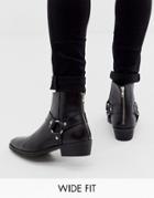 Asos Design Wide Fit Stacked Heel Western Chelsea Boots In Black Leather With Buckle Detail