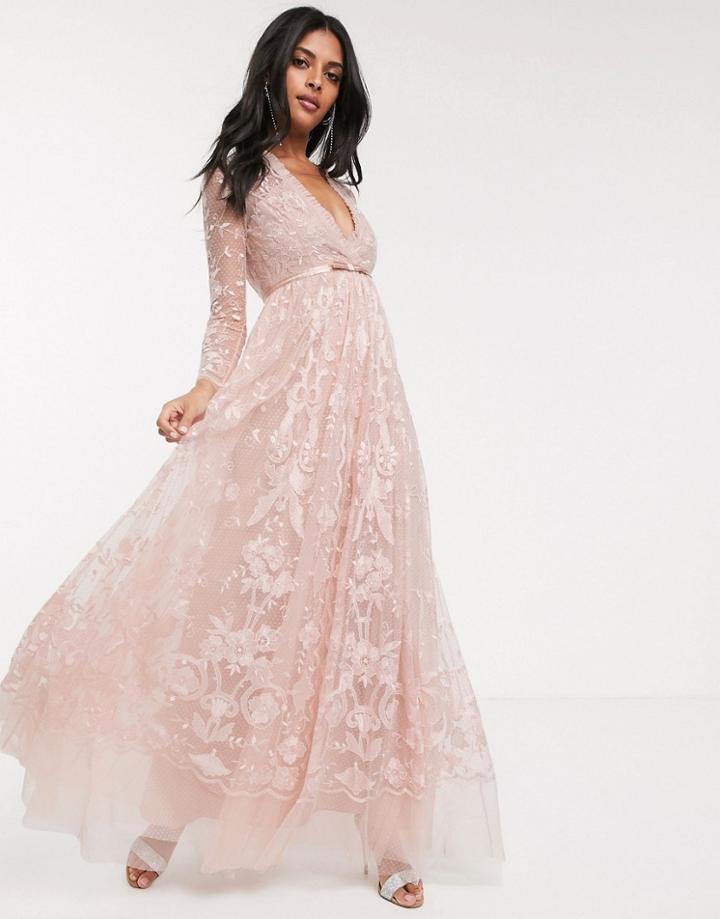 Needle & Thread Embroidered Floral Lace Maxi Dress In Dusty Pink