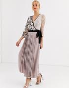 Little Mistress Wrap Front Maxi Dress With Pleated Skirt In Mink