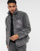 River Island Funnel Neck Track Jacket In Gray Shearling-grey
