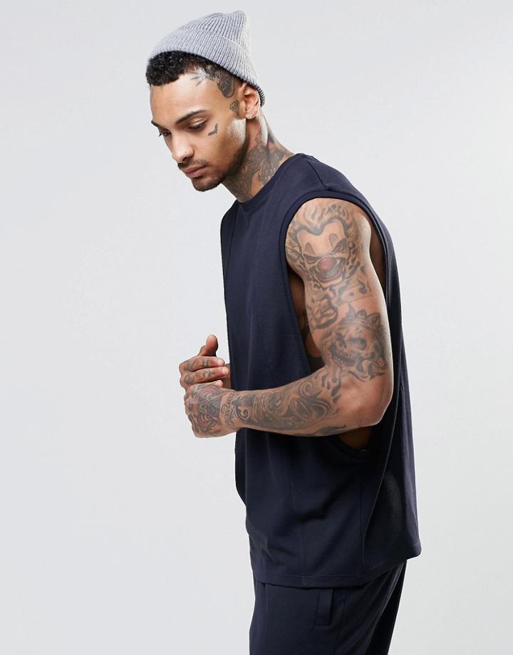 Asos Loungewear Tank With Dropped Arm Hole In Textured Fabric - Navy