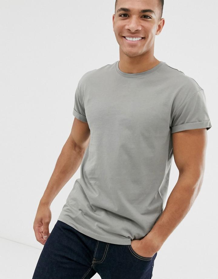 New Look Roll Sleeve T-shirt In Stone Gray