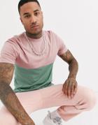 Asos Design T-shirt With Color Block And Tonal Chest Print-blue