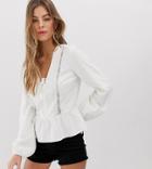 Miss Selfridge Linen Blouse With Lace Insert In Ivory - White