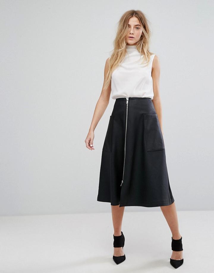 Asos Leather Look Midi Skirt With Zip And Pockets - Gray