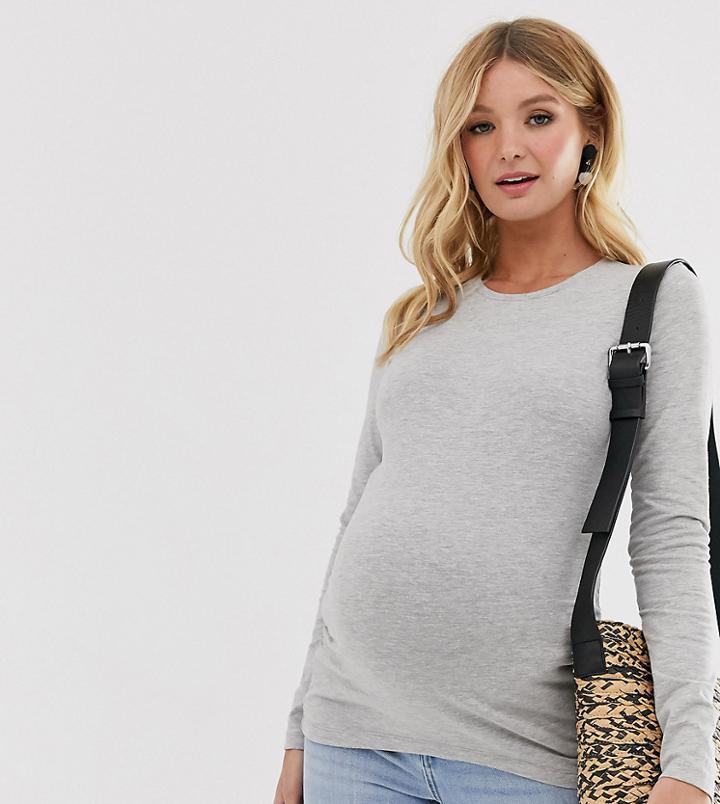 Asos Design Maternity Crew Neck Long Sleeve T-shirt In Gray Marl
