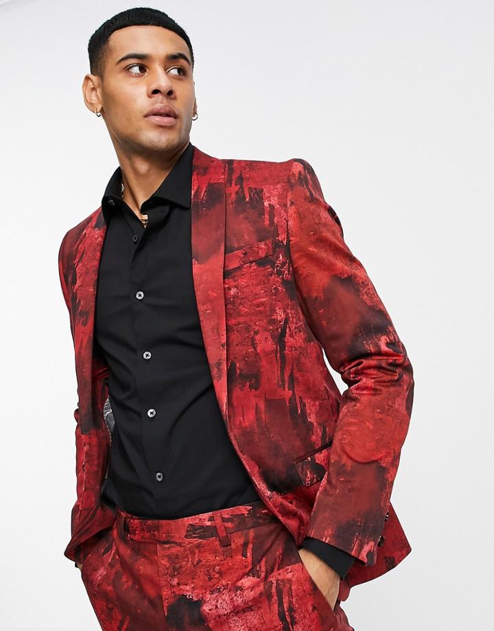 Twisted Tailor Cates Skinny Suit Jacket In Burgundy Abstract Print-red