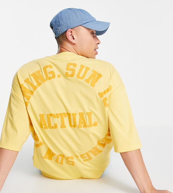 Asos Actual Oversized T-shirt With Front And Back Slogan And Logo Puff Print In Yellow