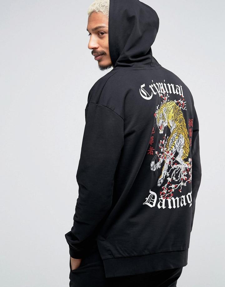 Criminal Damage Hoodie With Tiger Back Print - Black