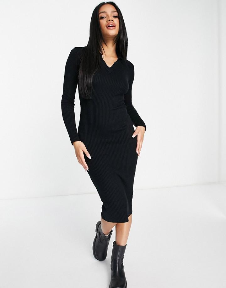 Qed London Polo Knitted Midi Dress In Black