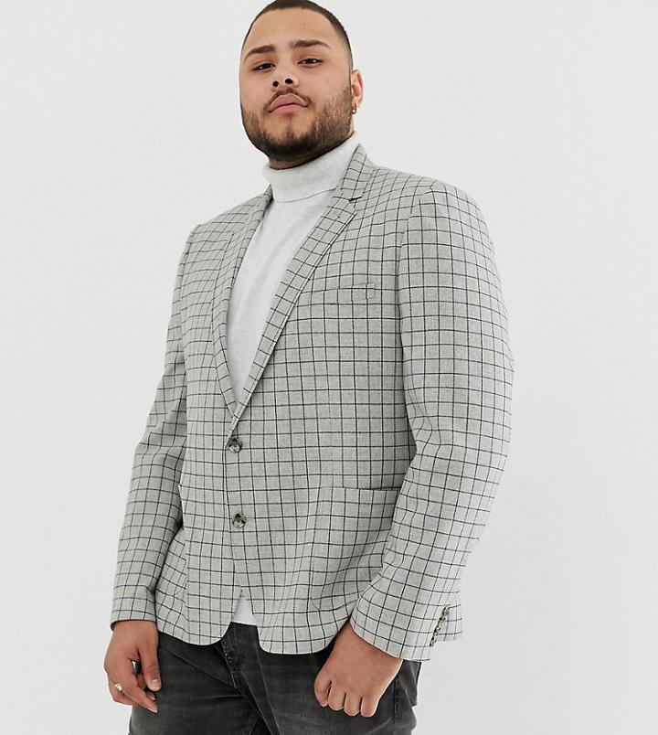 Asos Design Plus Skinny Wool Mix Blazer In Mini Stone Check - Stone