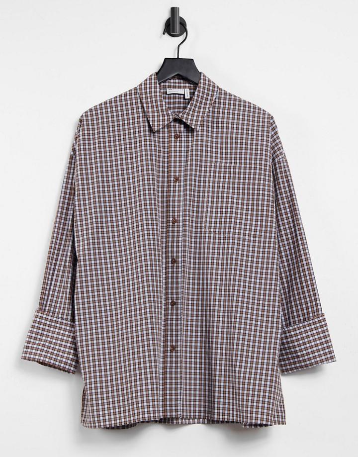Asos Design Super Oversized Relaxed Dad Shirt In Small Brown And Navy Plaid-multi