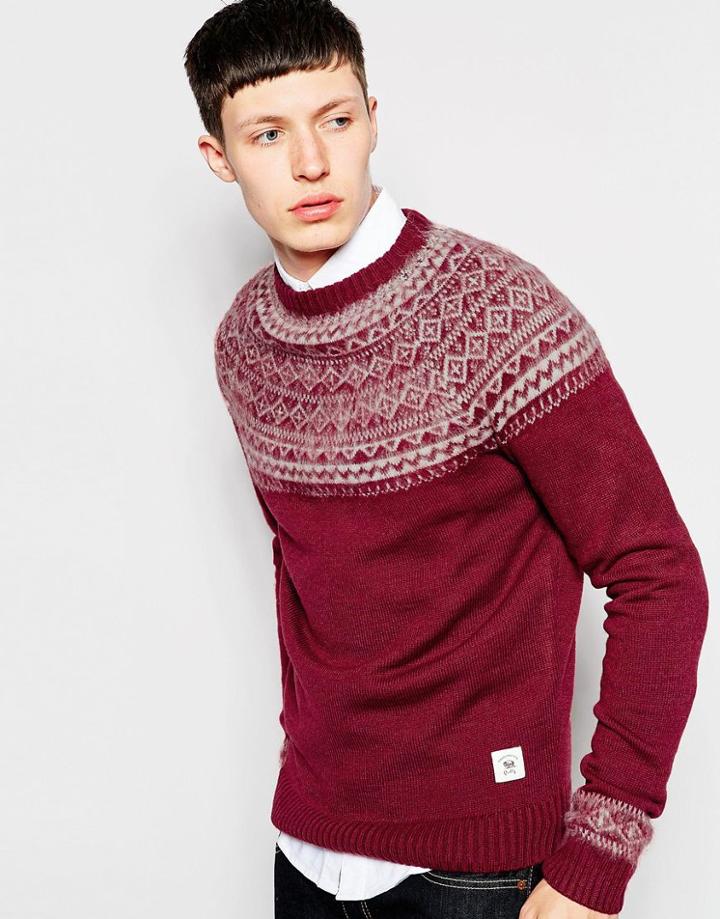Bellfield Brushed Yoke Jacquard Knitted Sweater - Wine