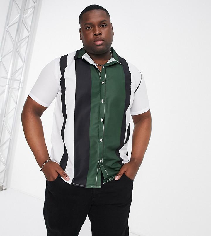 Le Breve Plus Stripe Camp Collar Shirt In Green Black White