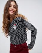 Nocozo Long Sleeve Striped T-shirt With Christmas Kitten - Black