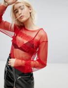 Asos Top In Mesh With Ruffle Front - Red