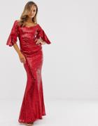 City Goddess Ruffle Sleeve Sequin Maxi Dress-red