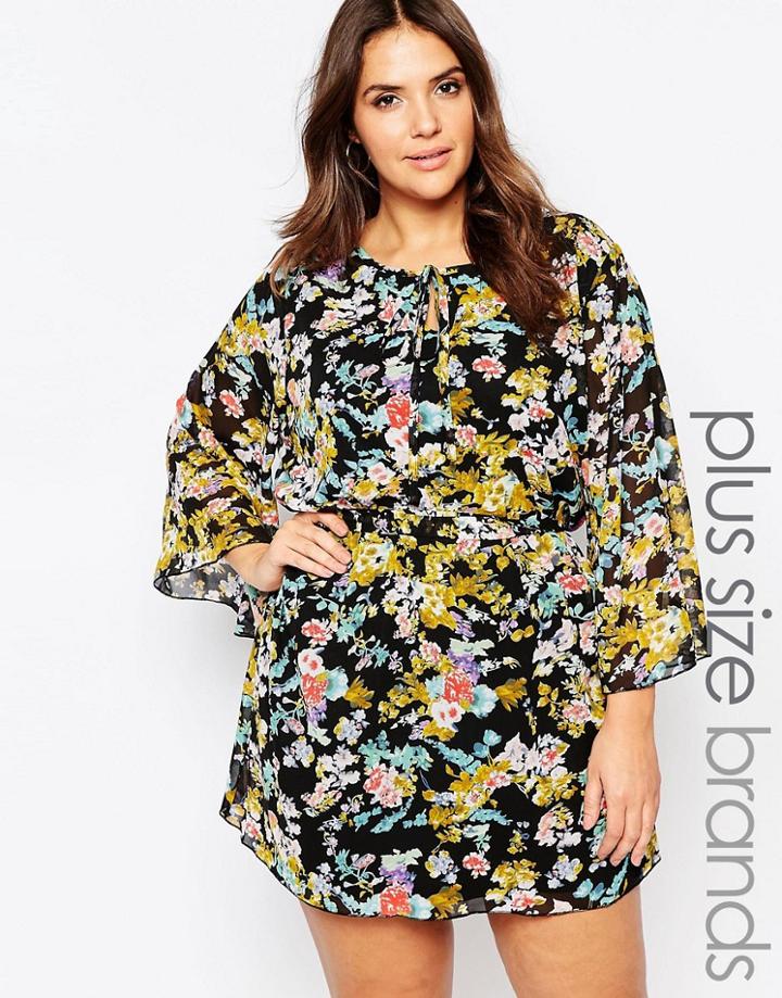Yumi Plus Shift Dress With Flutter Sleeves In Floral Print