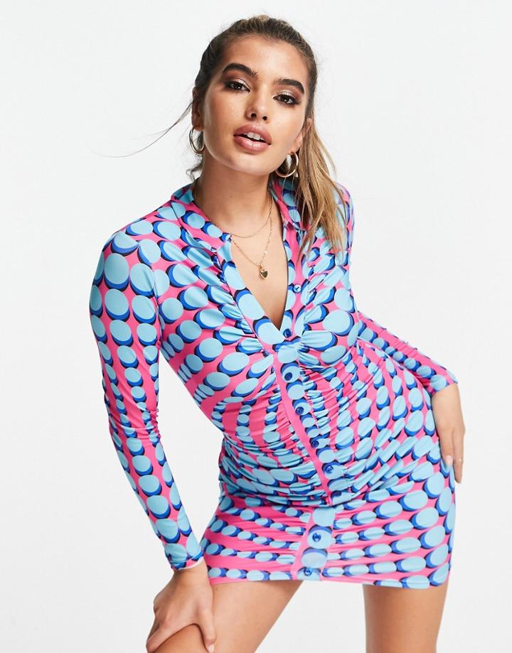 First Distraction The Label Button Through Mini Dress In Multi Print