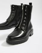 Dune Raffi Black Leather Studded Zip Front Ankle Boot - Black