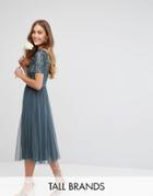Maya Tall Cap Sleeve Midi Dress In Tonal Delicate Sequin With Tulle Skirt - Blue