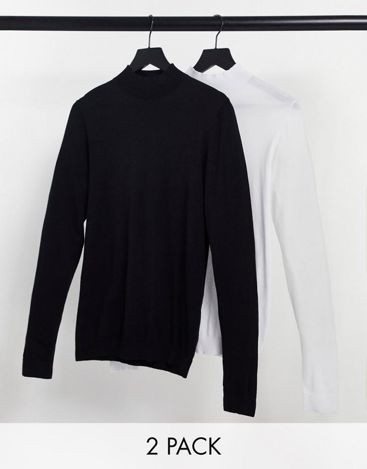 Asos Design 2 Pack Cotton Turtleneck Sweater In Black & White-multi