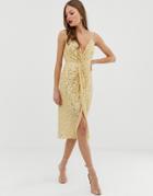 Asos Design Midi Strappy Cami Dress With Knot Front Plunge In Scatter Sequin - Gold