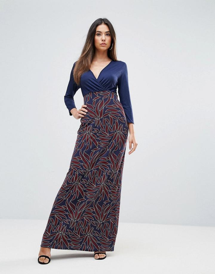 Club L Printed Wrap Maxi Dress With 3/4 Sleeves - Black
