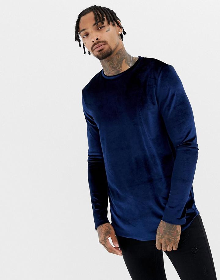 Asos Design Longline Long Sleeve T-shirt In Velour With Curved Hem In Navy
