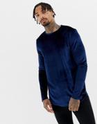 Asos Design Longline Long Sleeve T-shirt In Velour With Curved Hem In Navy