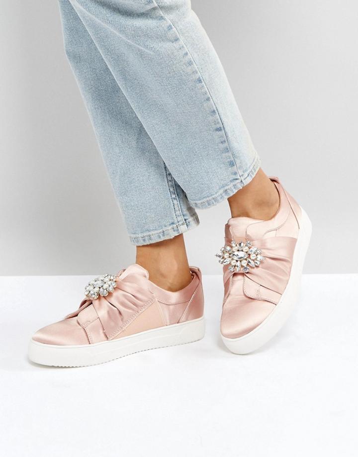 New Look Embellished Brooch Satin Sneaker - Pink