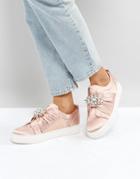 New Look Embellished Brooch Satin Sneaker - Pink