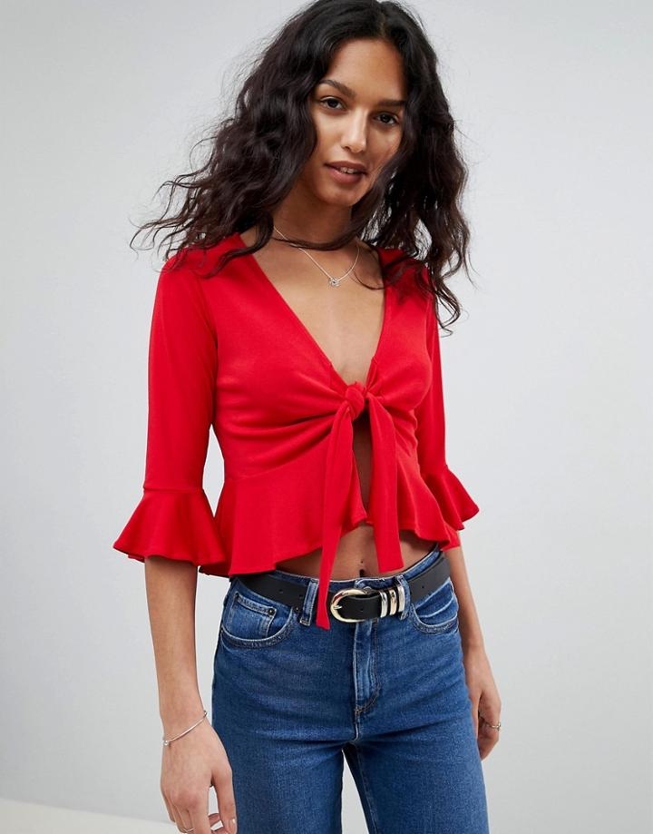Asos Tie Front Top With Ruffle Detail - Red