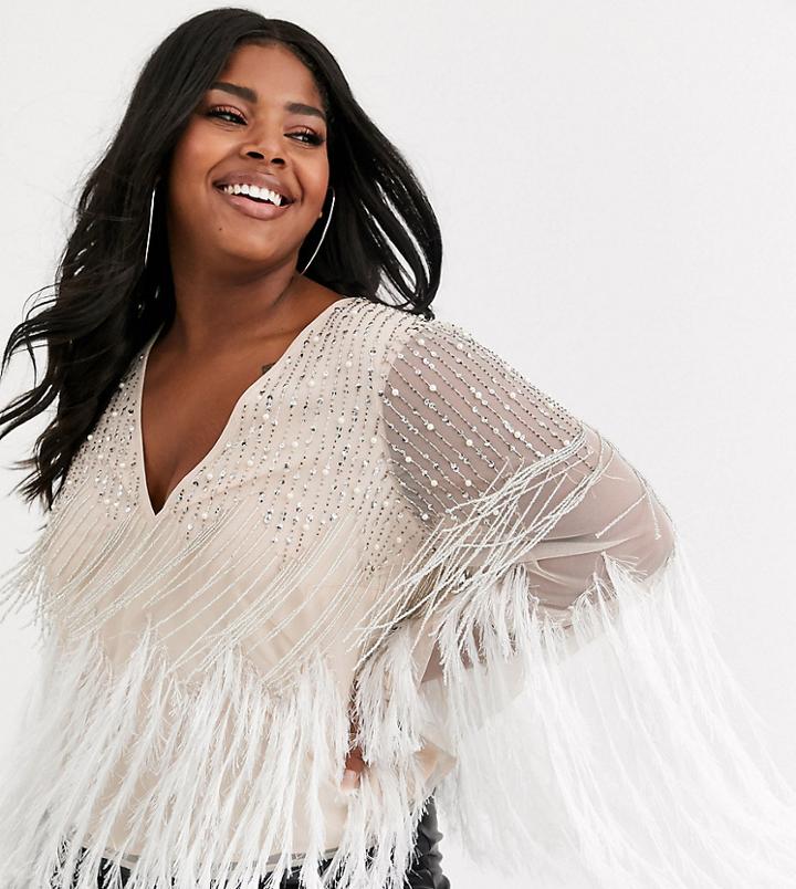 Asos Design Curve Long Sleeve Embellished Top With Faux Feather Trim-pink
