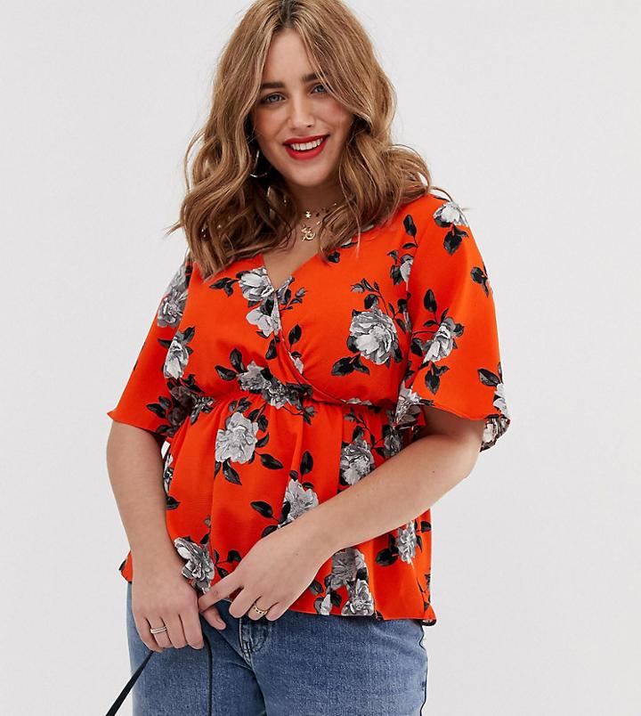Simply Be Wrap Blouse In Red Floral - Multi