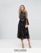 Lace & Beads Midi Skirt In 3d Embellishment - Black